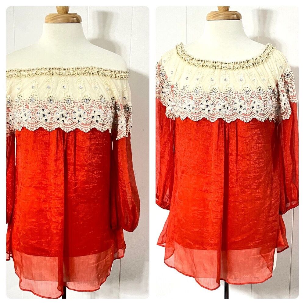 NEW Alter'd State Women Top Size M Lace RED Chiffon Bead Rhinestones Sheer NWT